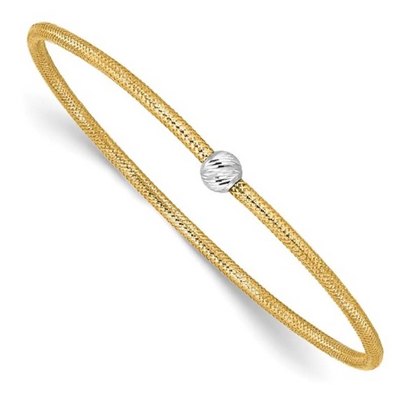 Real 14K Two-Tone Gold Women's Mesh Bead Charm Bangle Bracelet